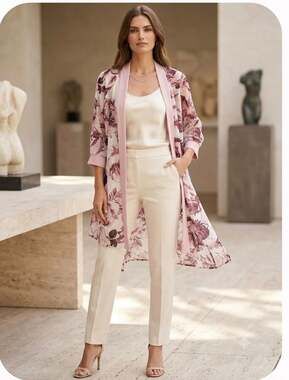 R & M Collection Floral Print Shimmer Open-Front Duster Jacket